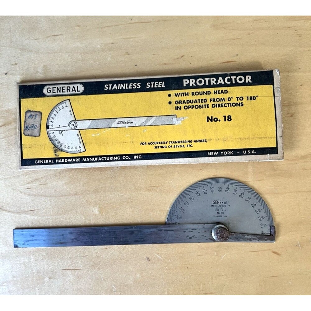 Vtg Protractor General Hardware No.18 Machinist's Stainless Steel Protractor USA